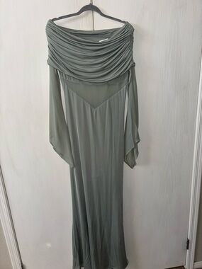 Meshki Sage Green Draped Off-Shoulder Maxi Dress